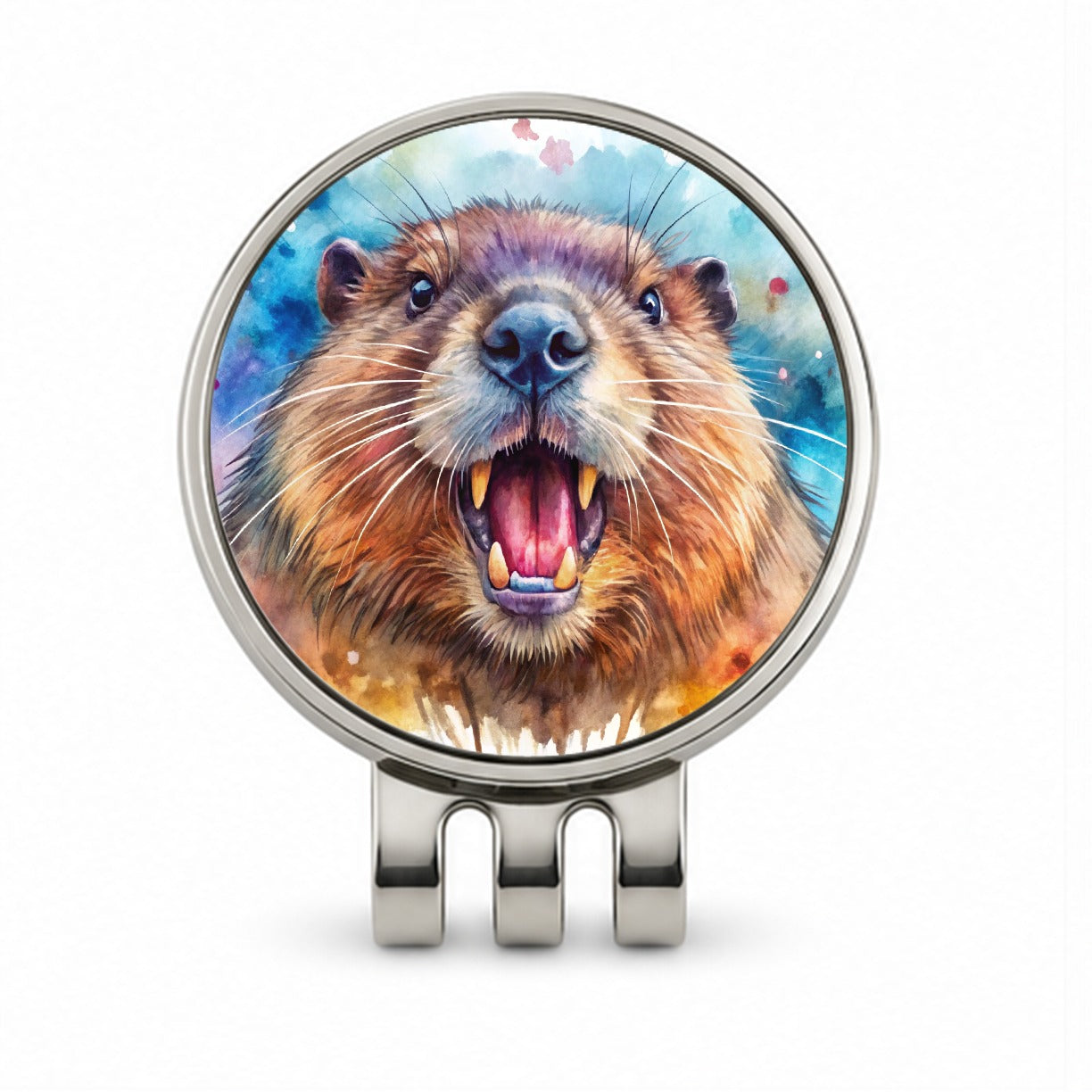 Angry Beaver Watercolor Golf Hat Clip with Ball Marker