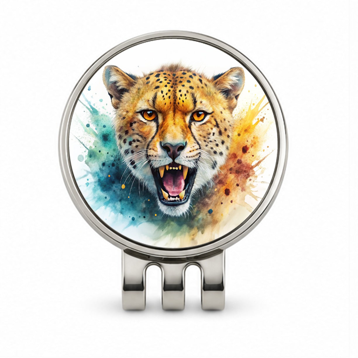 Angry Cheetah Watercolor Golf Hat Clip with Ball Marker