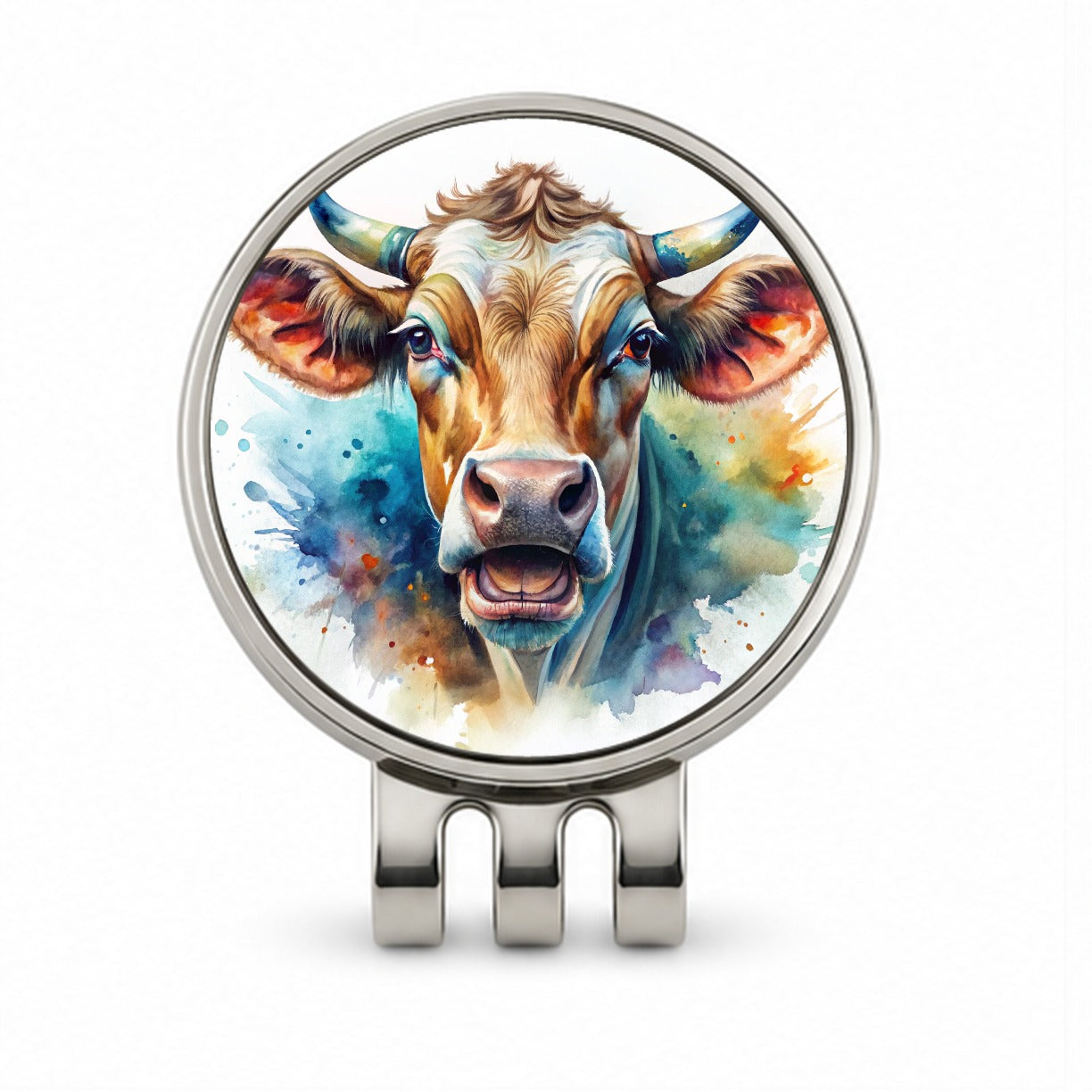 Angry Cow Watercolor Golf Hat Clip with Ball Marker