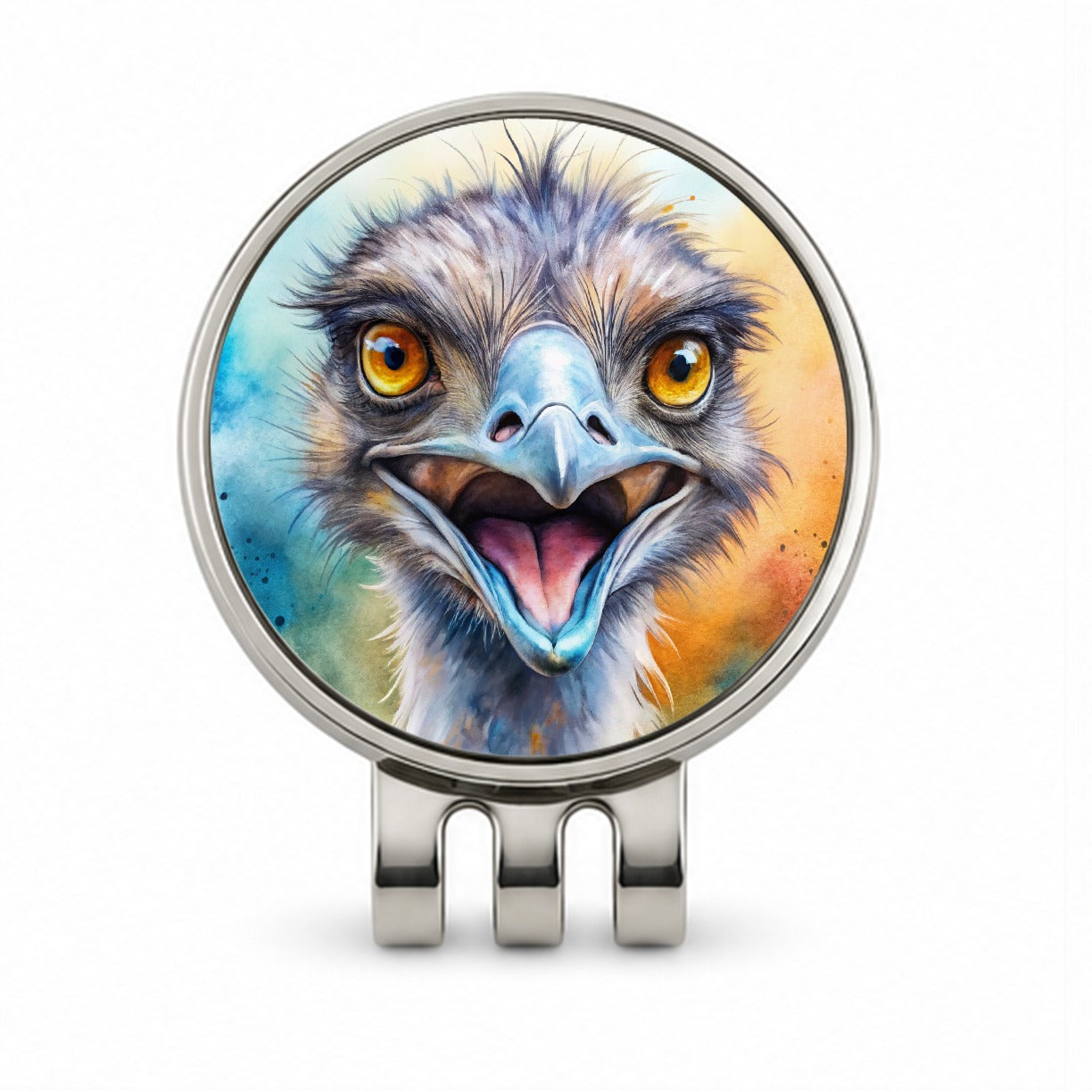 Angry Emu Watercolor Golf Hat Clip with Ball Marker