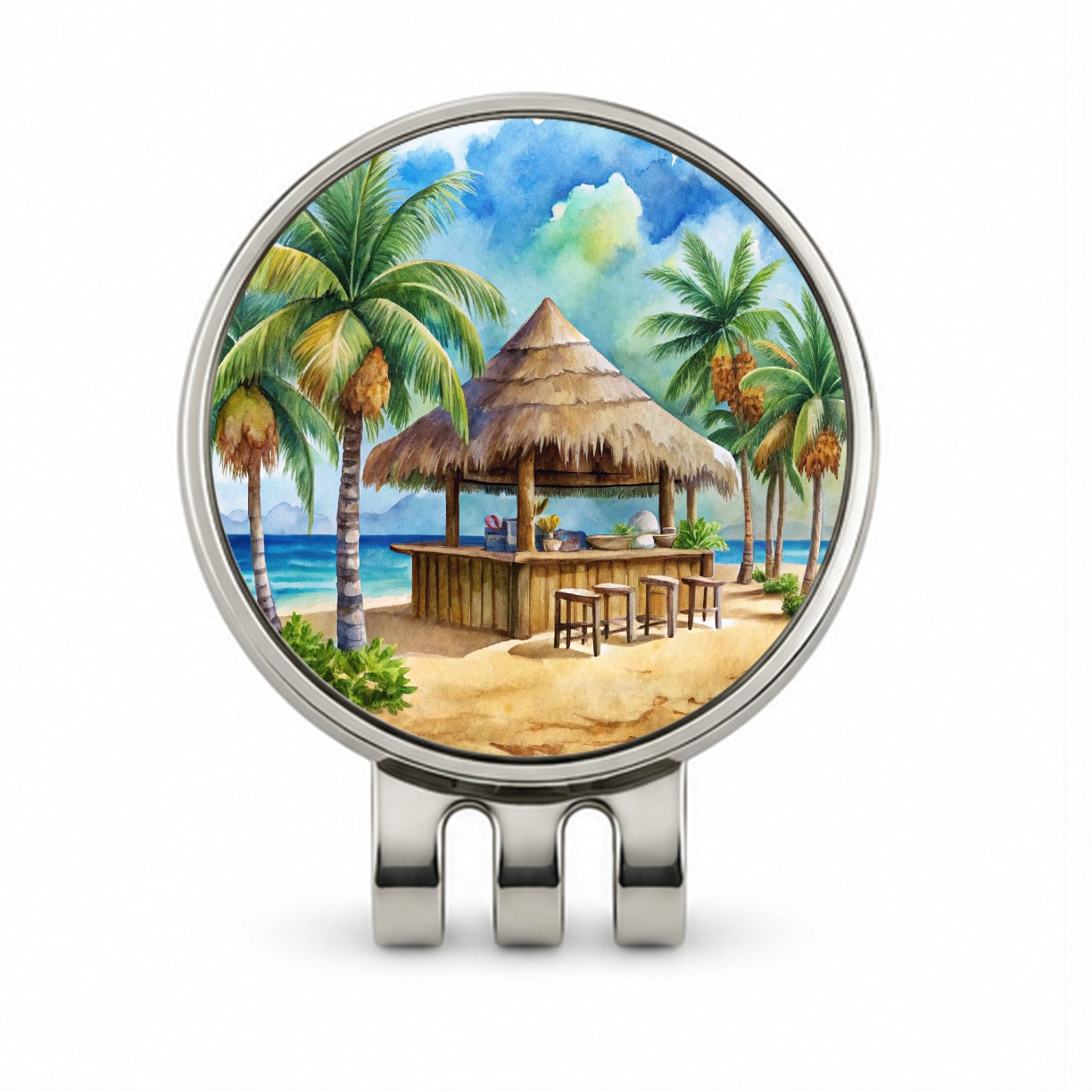 Beach Resort Tropical Scene With Tiki Bar Golf Hat Clip with Ball Marker