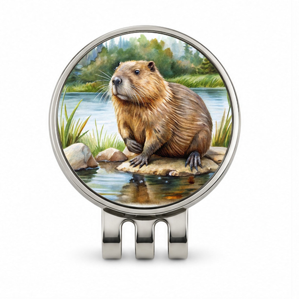 Beaver in the Pond Dam Watercolor Golf Hat Clip with Ball Marker