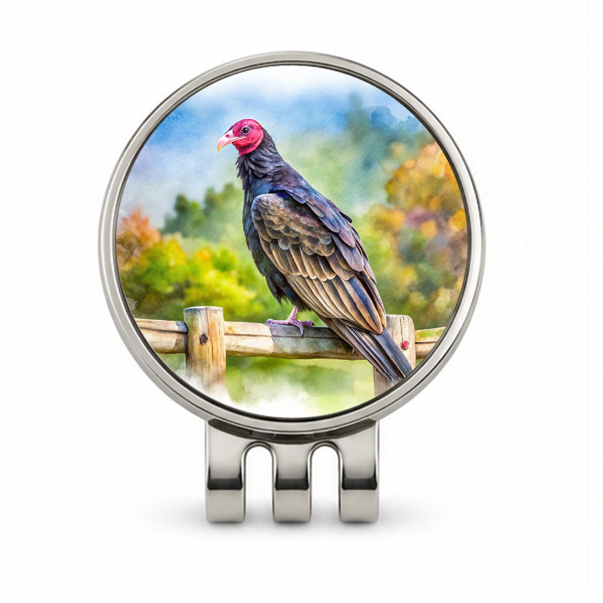 Black Turkey Vulture Sitting On Fence Watercolor Golf Hat Clip with Ball Marker