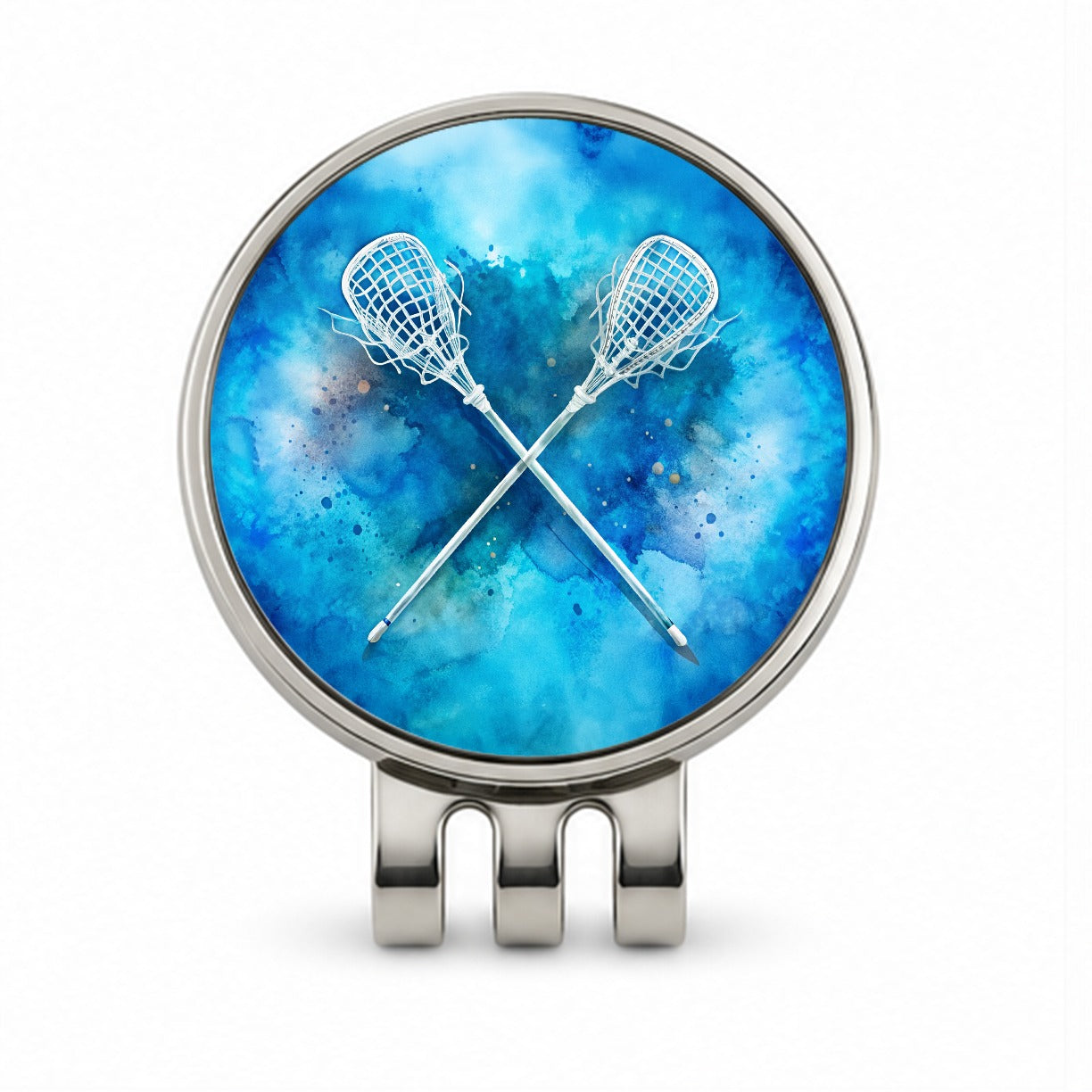 Crossed Lacrosse Sticks On Blue Background Golf Hat Clip with Ball Marker
