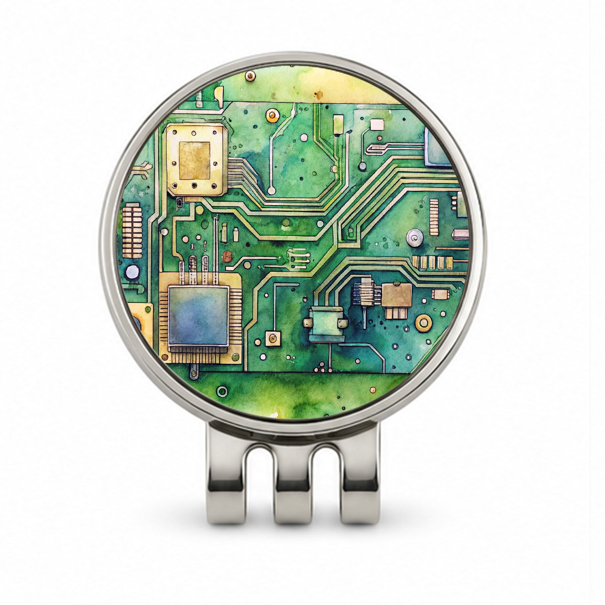 Detailed Circuit Board Watercolor Golf Hat Clip with Ball Marker