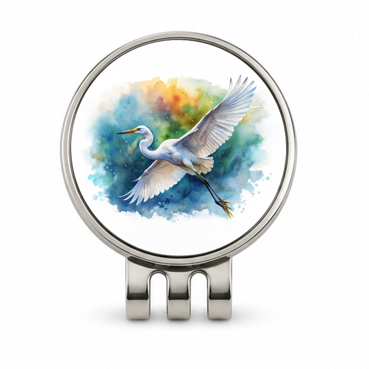 Egret In Flight Watercolor Golf Hat Clip with Ball Marker