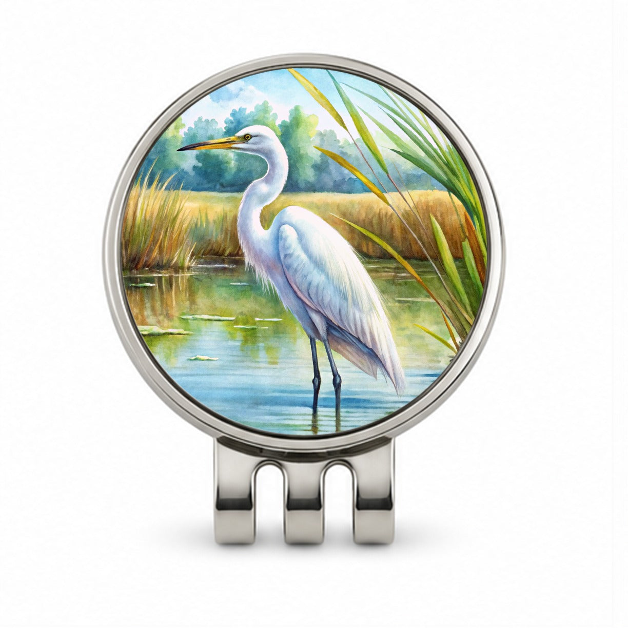 Egret Standing In Marshes Watercolor Golf Hat Clip with Ball Marker