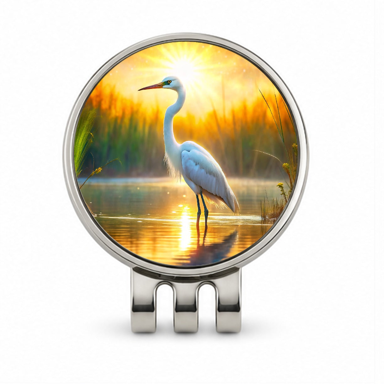 Egret Standing In Pond Backlit By The Sun Watercolor Golf Hat Clip with Ball Marker