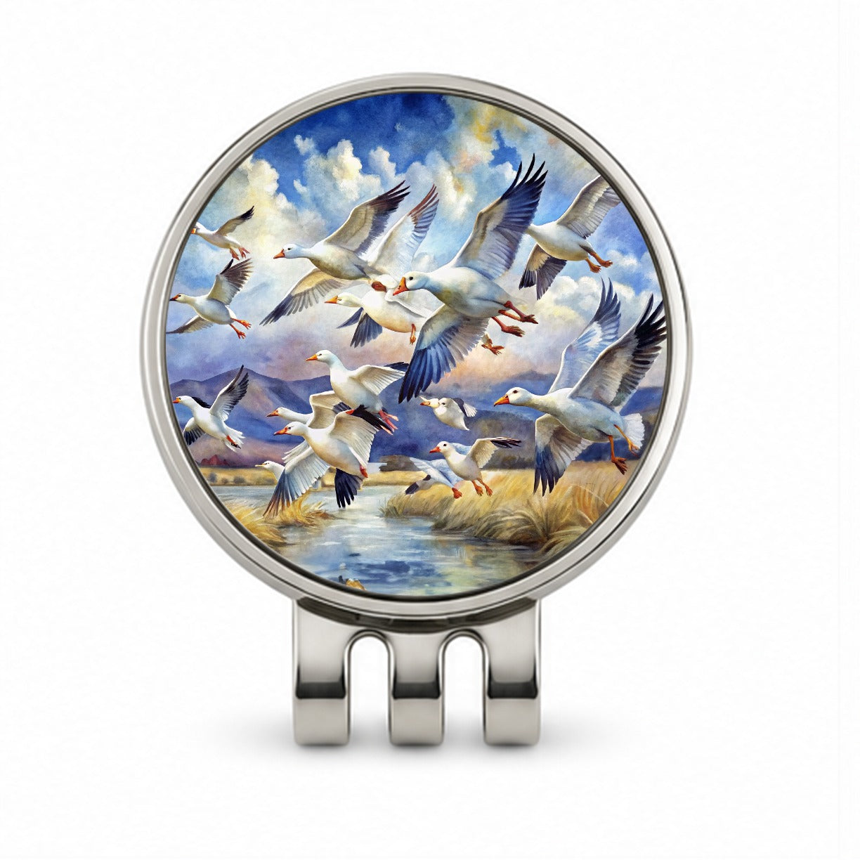 Flock Of Snow Geese In Flight Watercolor Golf Hat Clip with Ball Marker