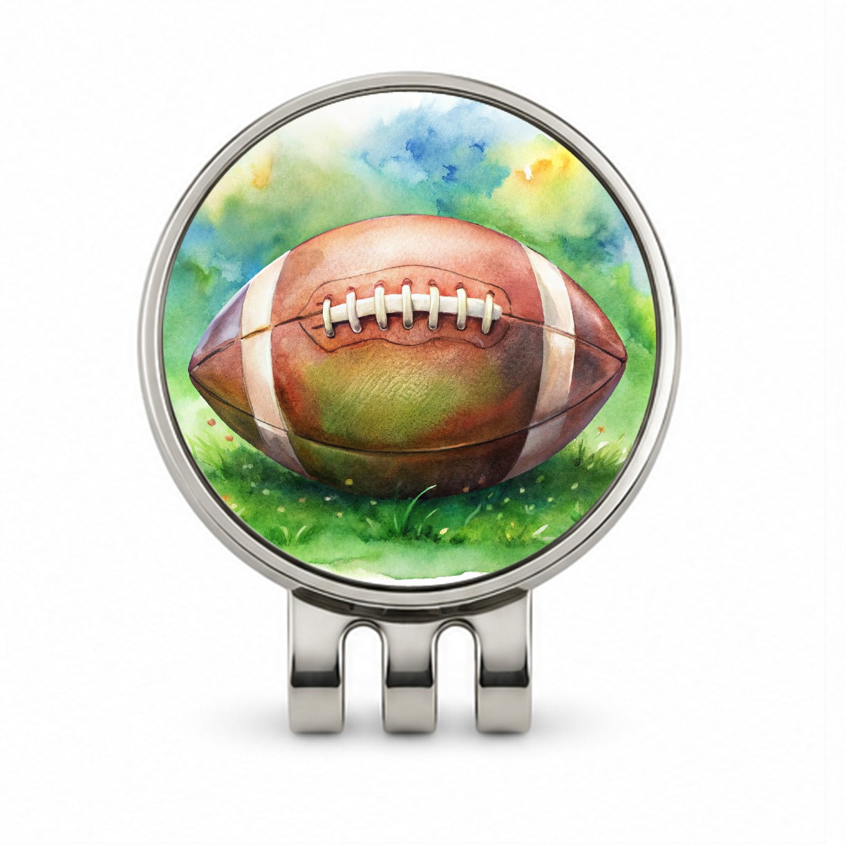 Football Ball On Field Watercolor Golf Hat Clip with Ball Marker