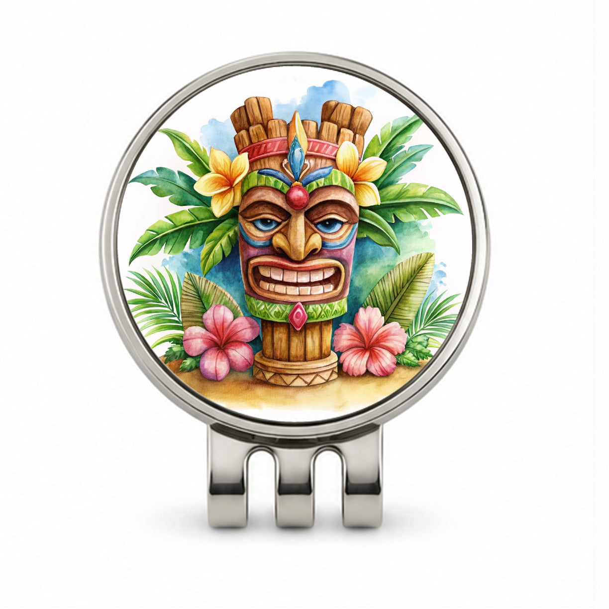 Hawaiian Tiki Statue Watercolor Golf Hat Clip with Ball Marker