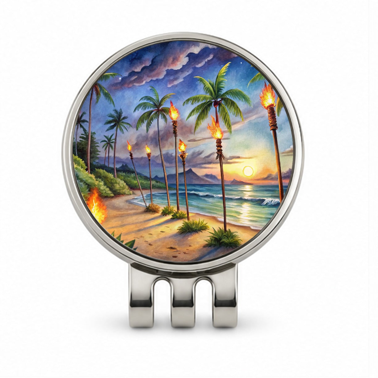 Hawaiian Tropical Beach Scene At Night Lit With Tiki Torches Golf Hat Clip with Ball Marker