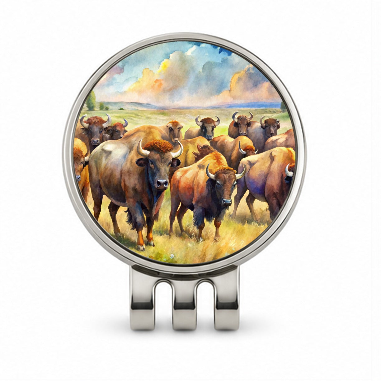 Herd Of Buffalo Bison On The Prairie Watercolor Golf Hat Clip with Ball Marker