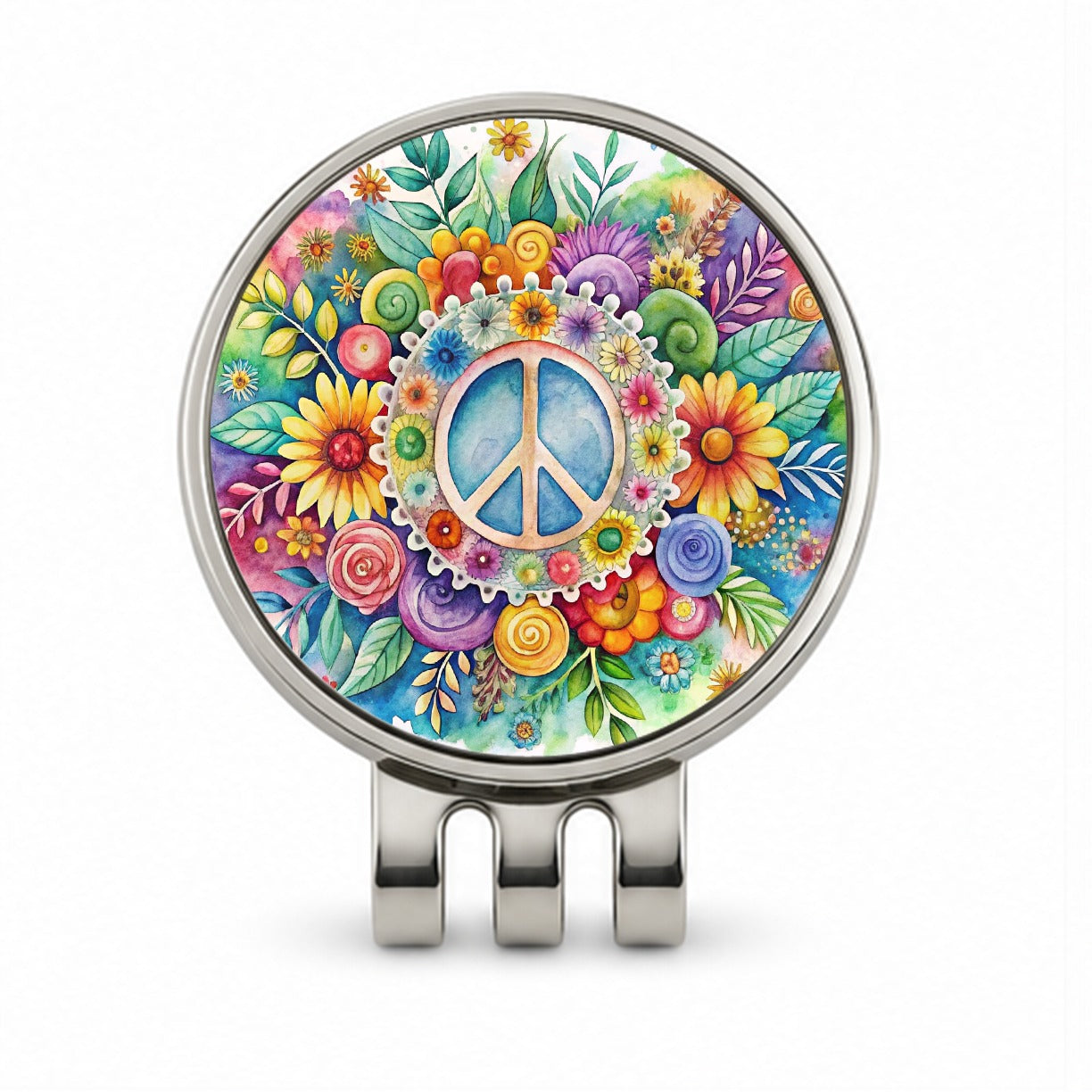 Hippie Peace Symbol Watercolor Golf Hat Clip with Ball Marker