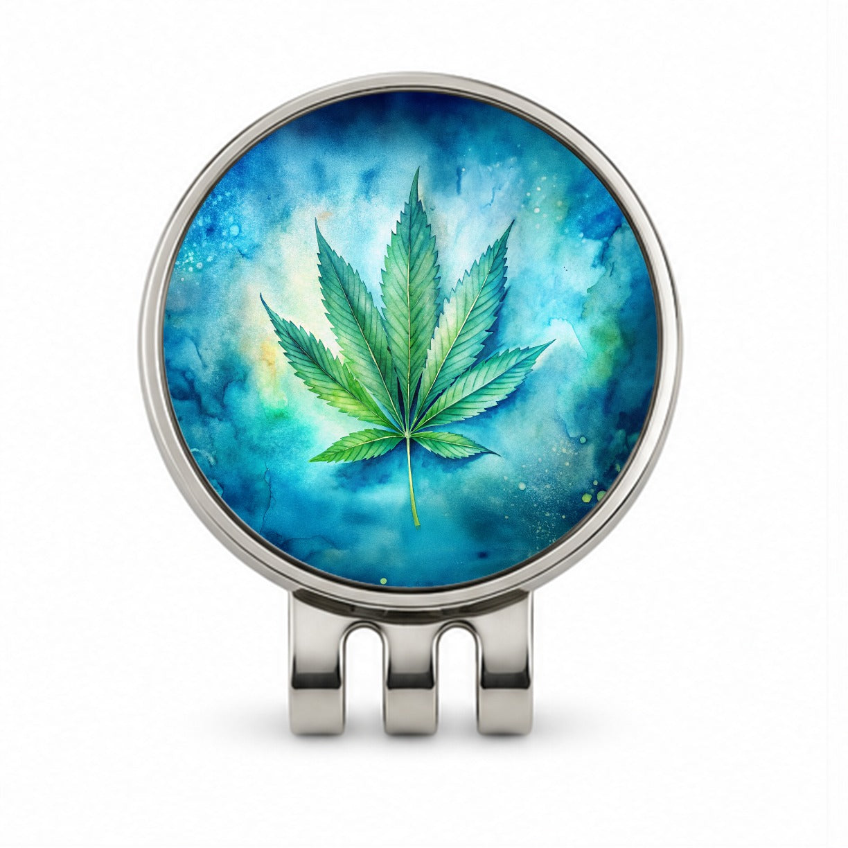 Marijuana Leaf on Blue Background Watercolor Golf Hat Clip with Ball Marker
