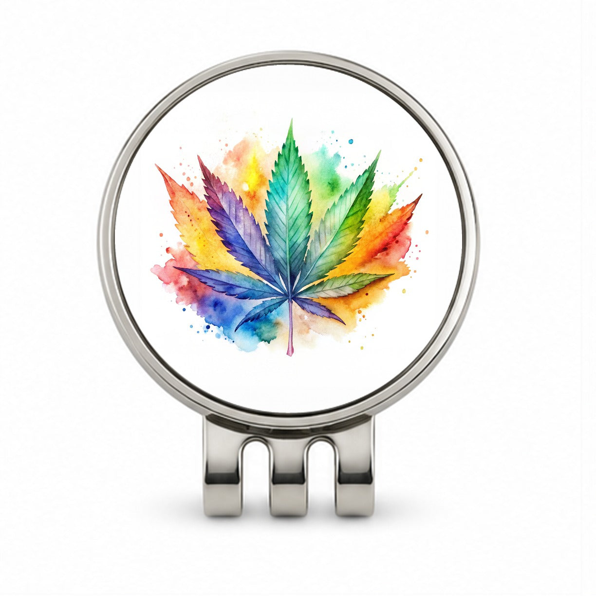 Marijuana Leaf Rainbow Watercolor Golf Hat Clip with Ball Marker
