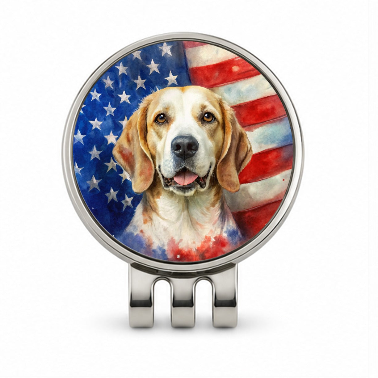 Patriotic Dog Watercolor American Flag Background Golf Hat Clip with Ball Marker