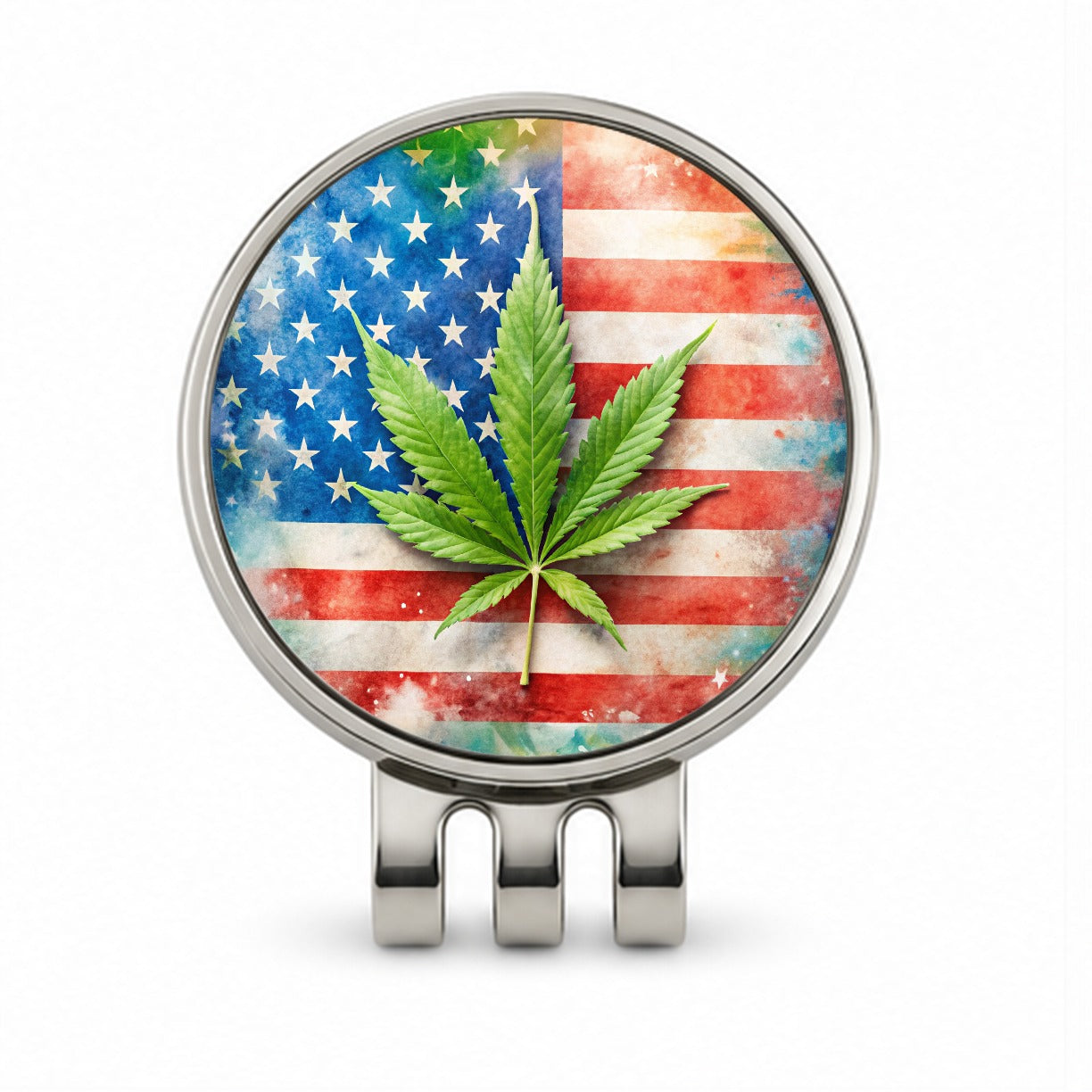 Patriotic Marijuana Leaf on American Flag Background Golf Hat Clip with Ball Marker