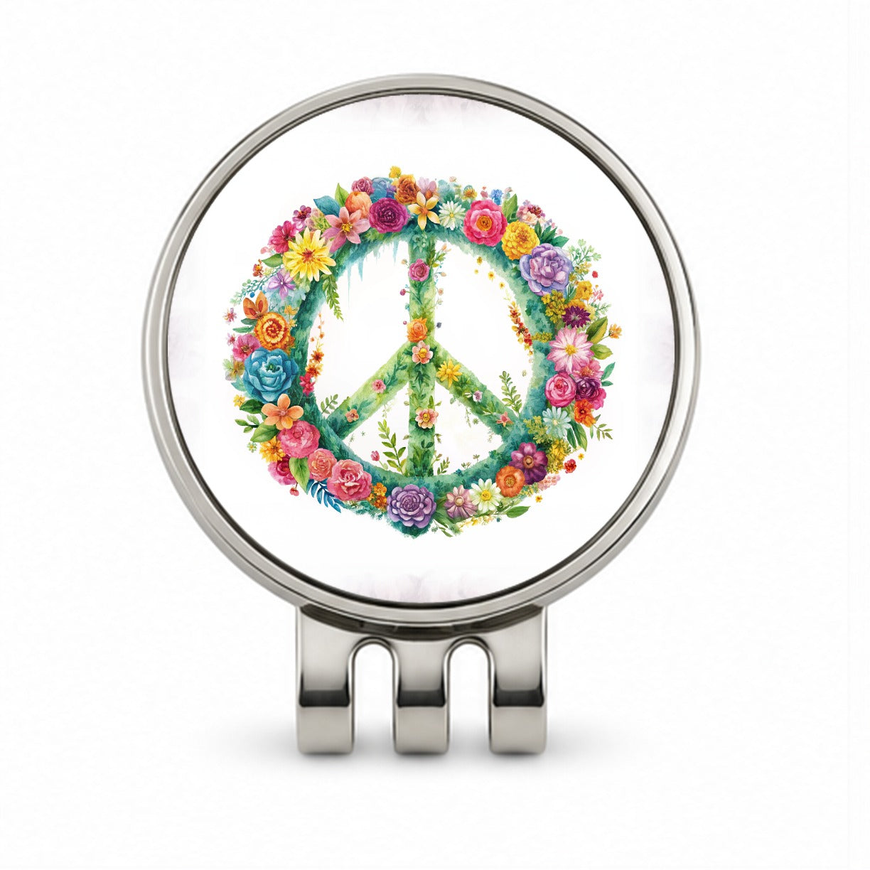 Peace Symbol Floral Watercolor Golf Hat Clip with Ball Marker