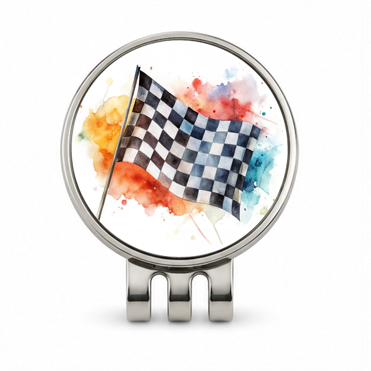 Racing Checkered Flag Watercolor Golf Hat Clip with Ball Marker