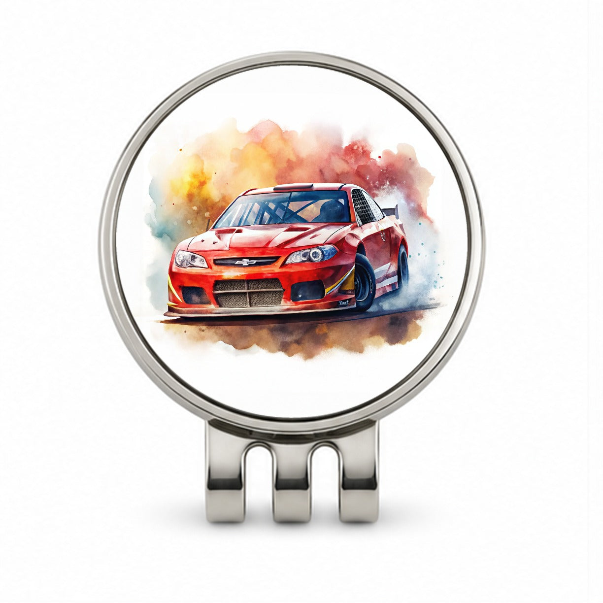 Red Stock Racing Car Watercolor Golf Hat Clip with Ball Marker