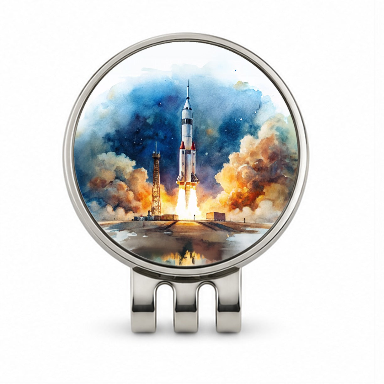 Rocket Spaceship Launch Sci-fi Watercolor Golf Hat Clip with Ball Marker