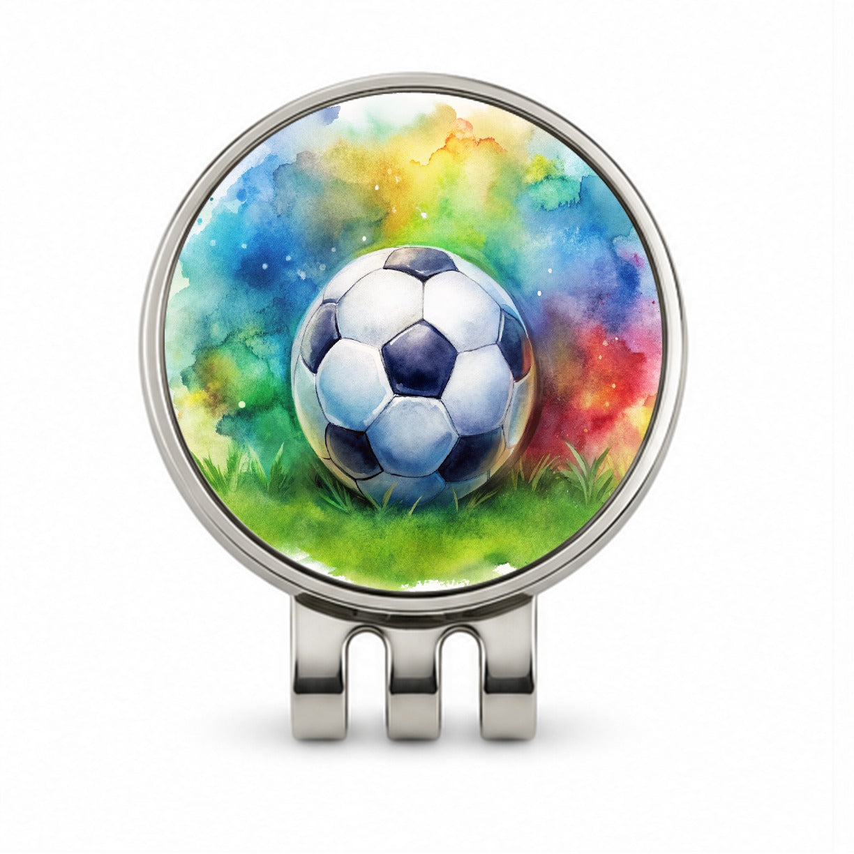 Soccer Ball On Field Watercolor Golf Hat Clip with Ball Marker