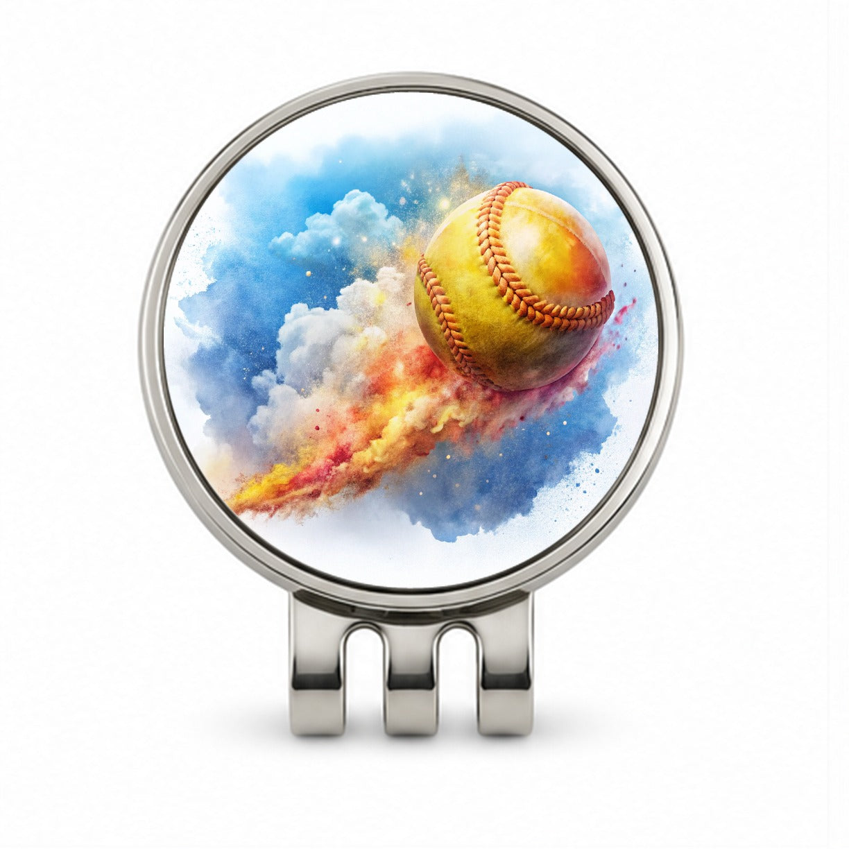 Softball Rocketing Through The Sky Watercolor Golf Hat Clip with Ball Marker