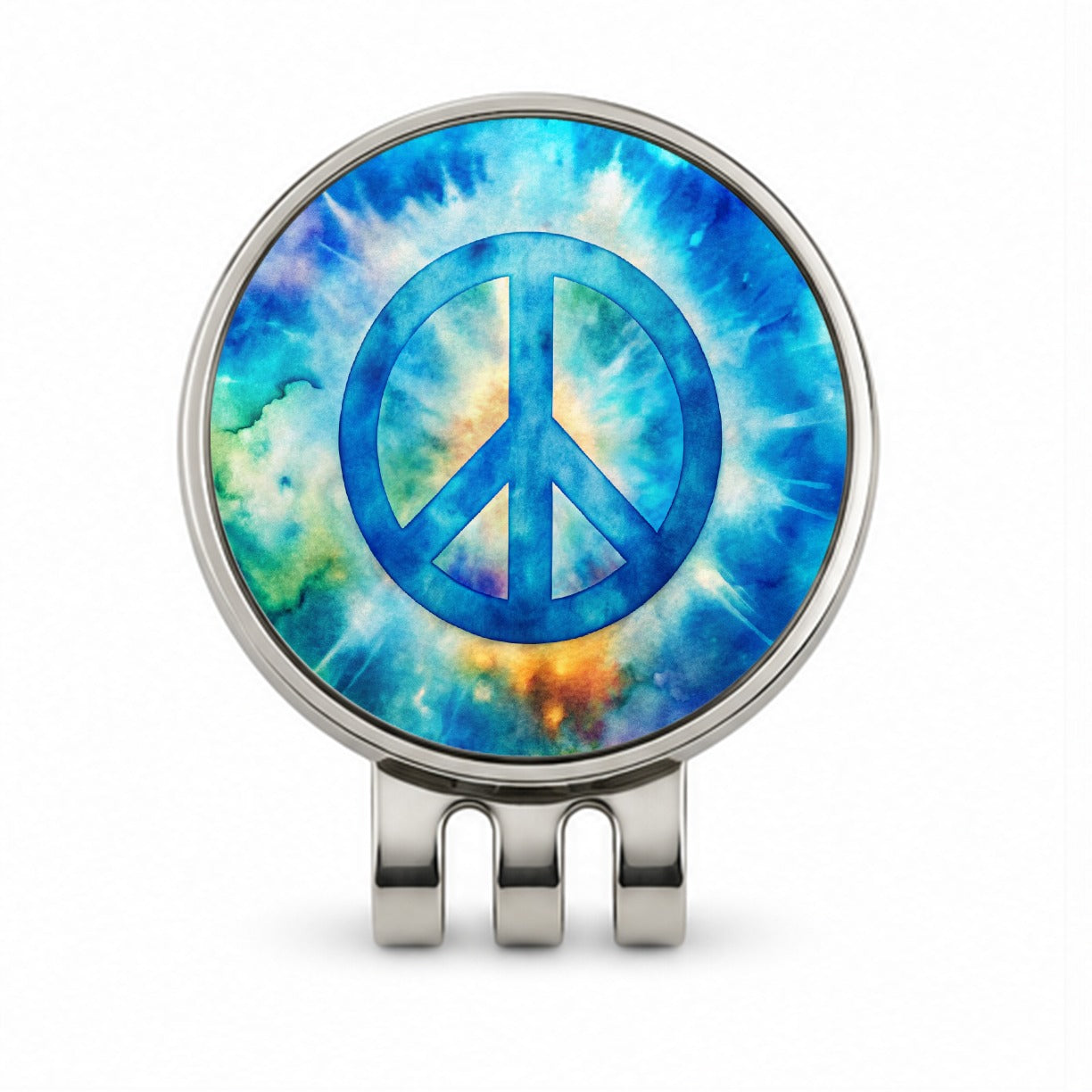 Solid Blue Peace Symbol Tie Dye Background Hippie Watercolor Golf Hat Clip with Ball Marker