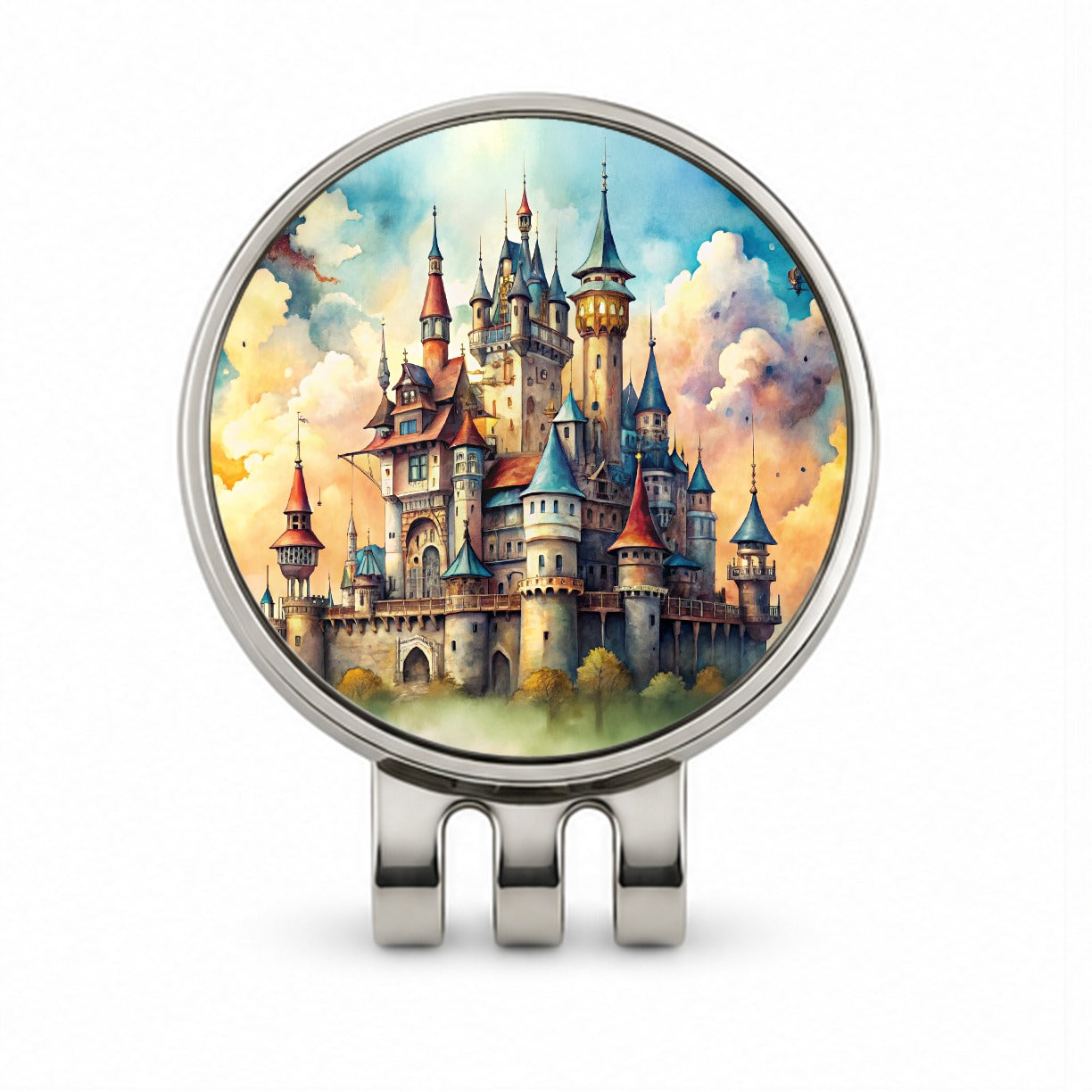 Steampunk Fantasy Castle Watercolor Golf Hat Clip with Ball Marker