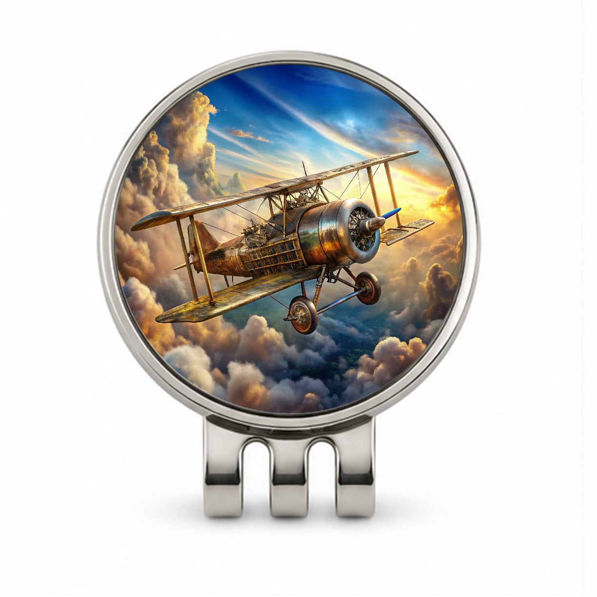 Steampunk Plane Airship in Cloudy Sky Fantasy Sci-fi Golf Hat Clip with Ball Marker