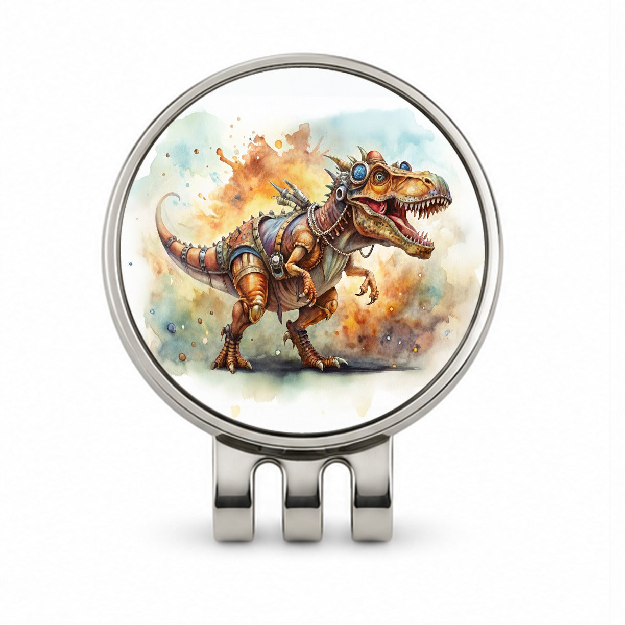 Steampunk T-Rex Dinosaur Fantasy Sci-fi Watercolor Golf Hat Clip with Ball Marker