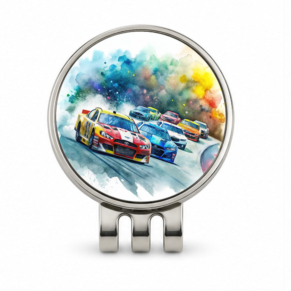 Stock Car Racing Watercolor Golf Hat Clip with Ball Marker