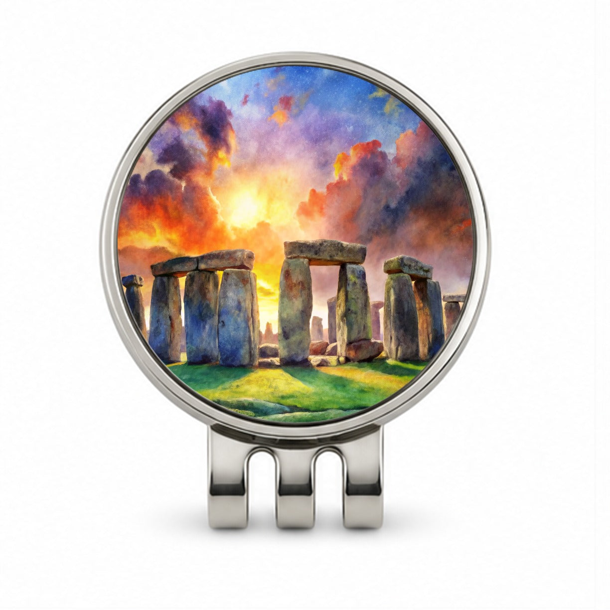 Stonehenge England At Dusk Watercolor Golf Hat Clip with Ball Marker