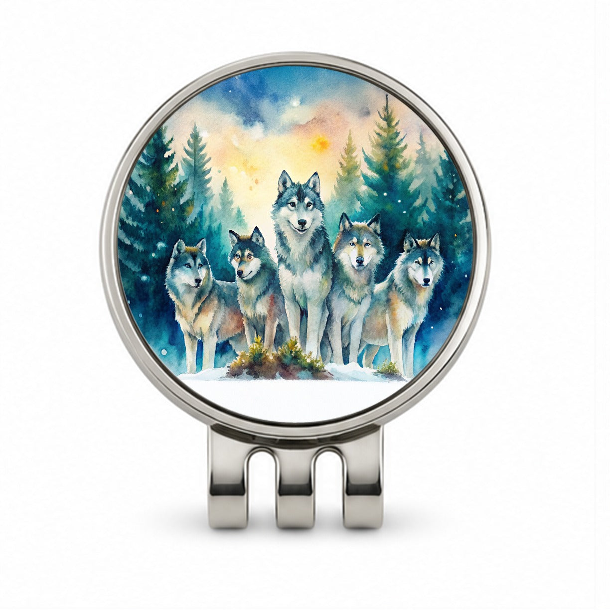 Wolfpack Snowy Forest Wolf Scene Watercolor Golf Hat Clip with Ball Marker
