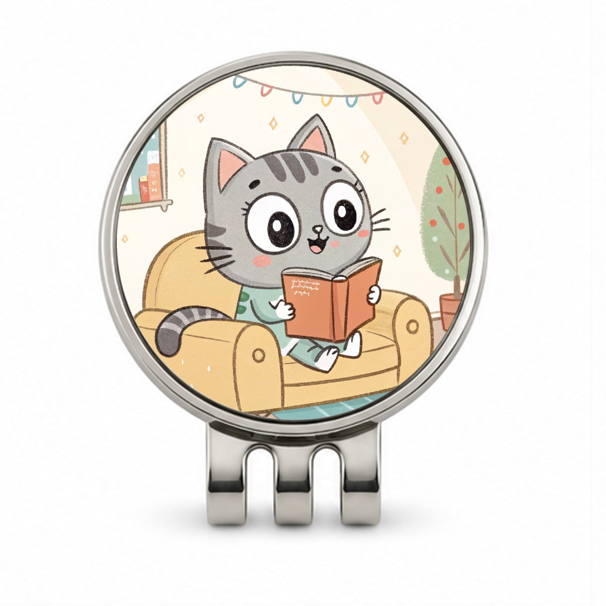 Kawaii Cat Reading Book On Couch Reader Golf Hat Clip with Ball Marker