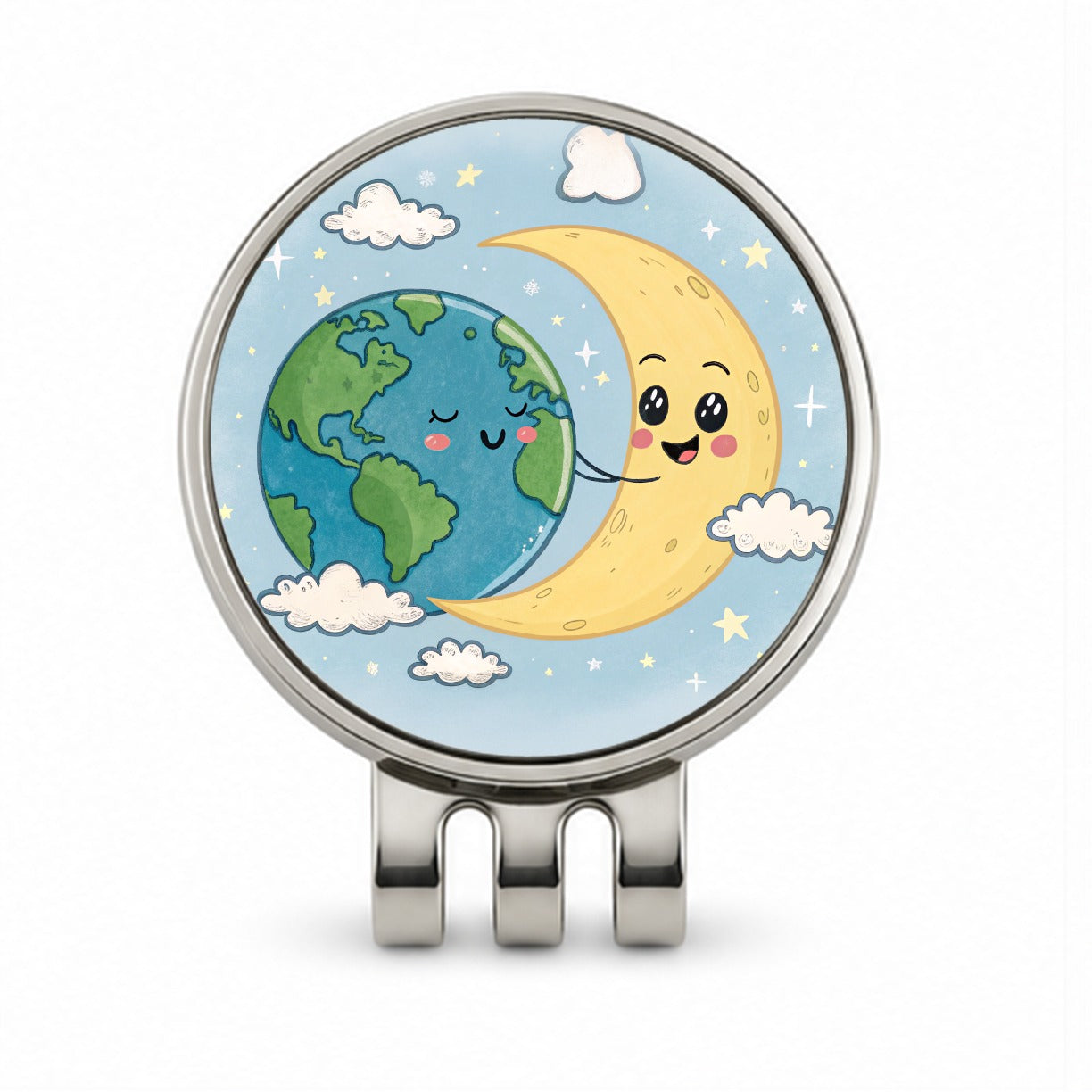 Kawaii Earth And Crescent Moon Golf Hat Clip with Ball Marker