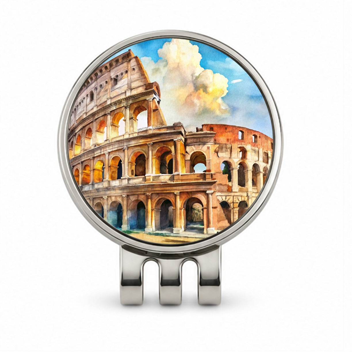 Ancient Rome Coliseum Watercolor Golf Hat Clip with Ball Marker