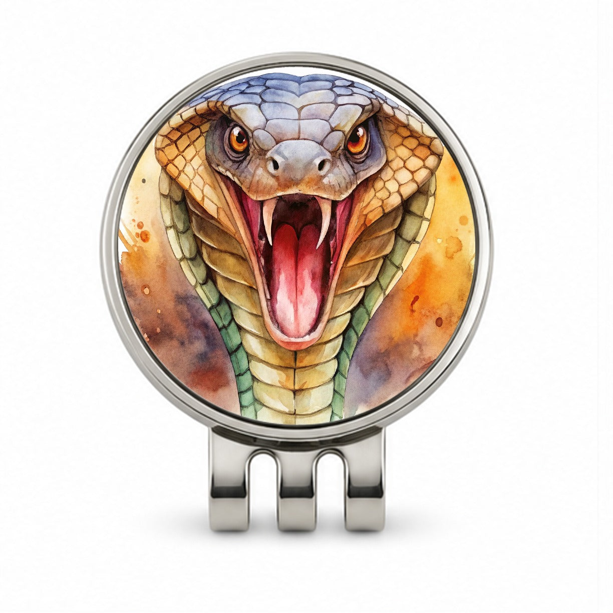 Angry Cobra Snake Reptile Close-up Watercolor Golf Hat Clip with Ball Marker