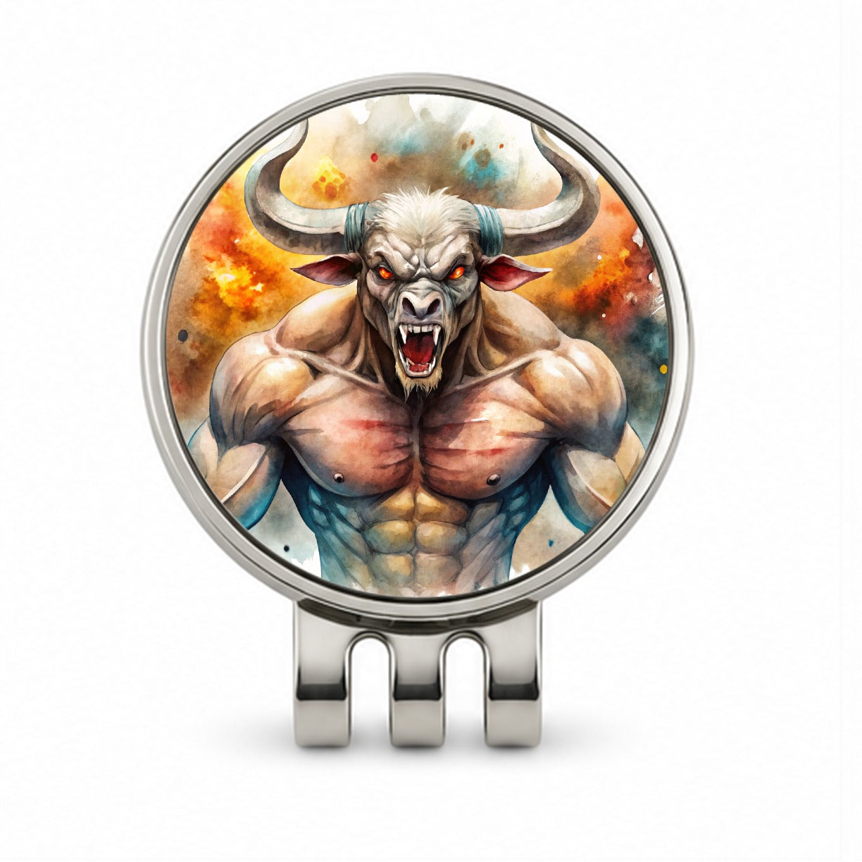 Angry Fantasy Minotaur Watercolor Golf Hat Clip with Ball Marker