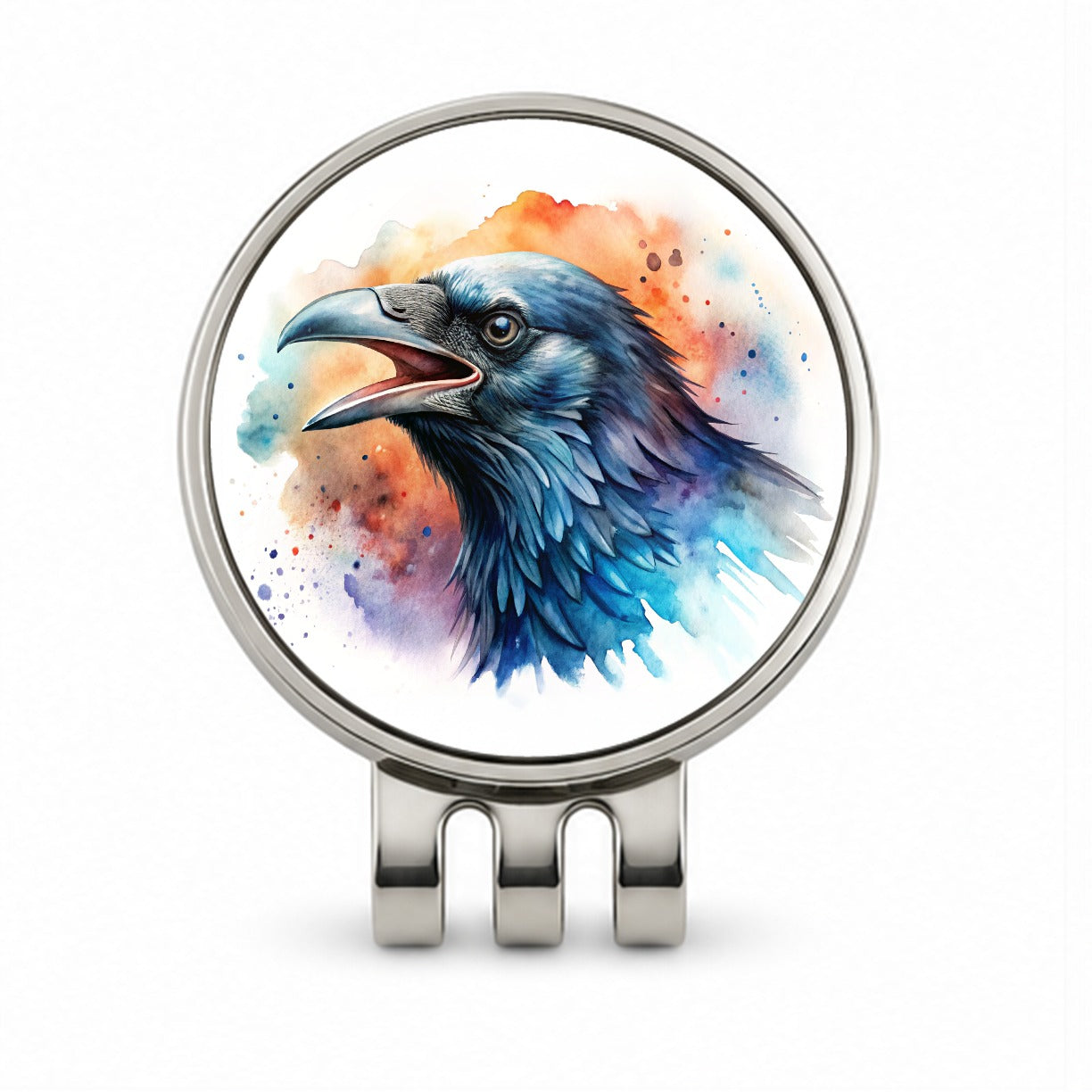 Angry Raven Watercolor Golf Hat Clip with Ball Marker