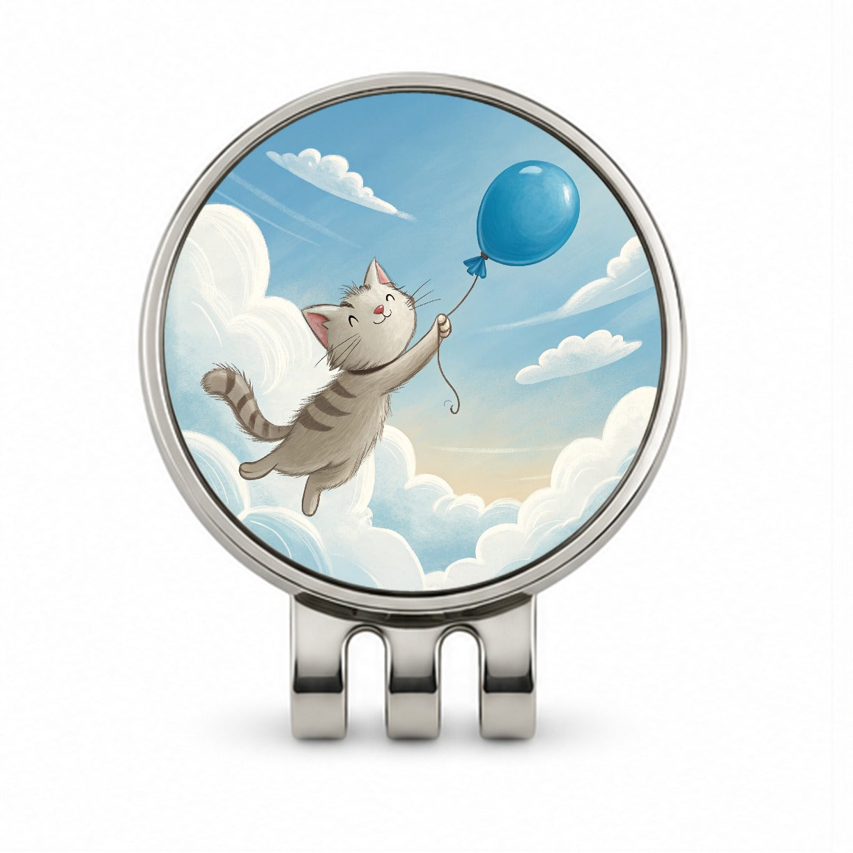 Cat Carried by Blue Balloon into the Sky Golf Hat Clip with Ball Marker