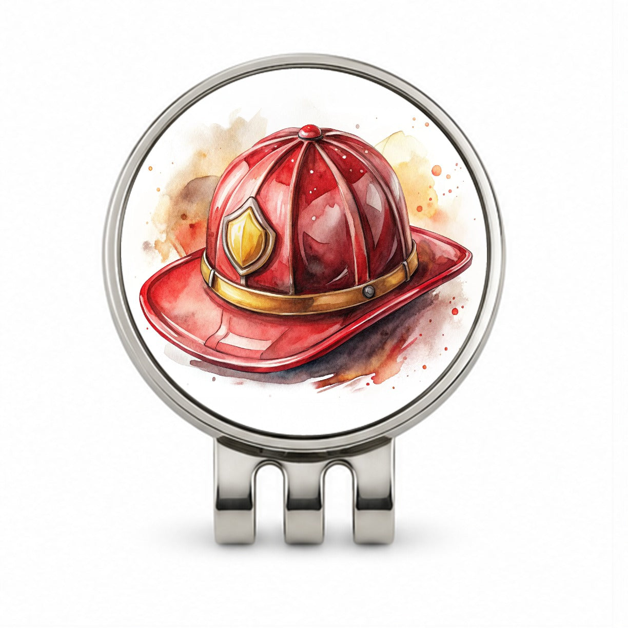 Classic Red Firefighter Fireman Helmet Watercolor Golf Hat Clip with Ball Marker