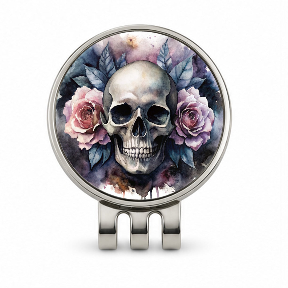 Death Skull Roses Black Watercolor Golf Hat Clip with Ball Marker