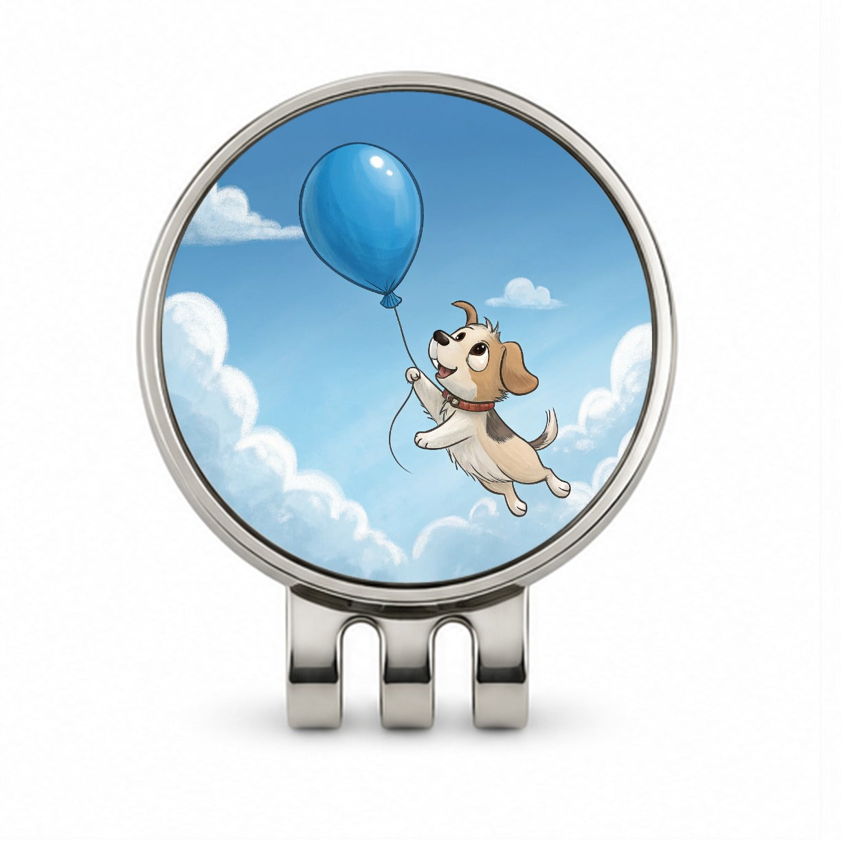 Dog Carried by Blue Balloon into the Sky Golf Hat Clip with Ball Marker