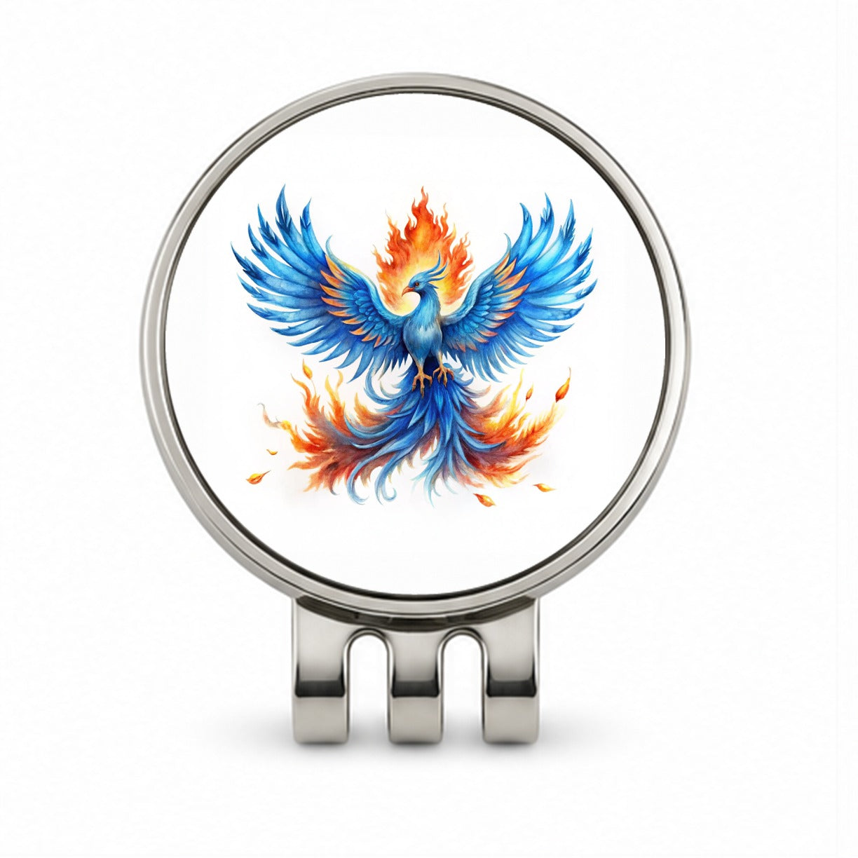 Flaming Blue Phoenix Rising Fantasy Watercolor Golf Hat Clip with Ball Marker