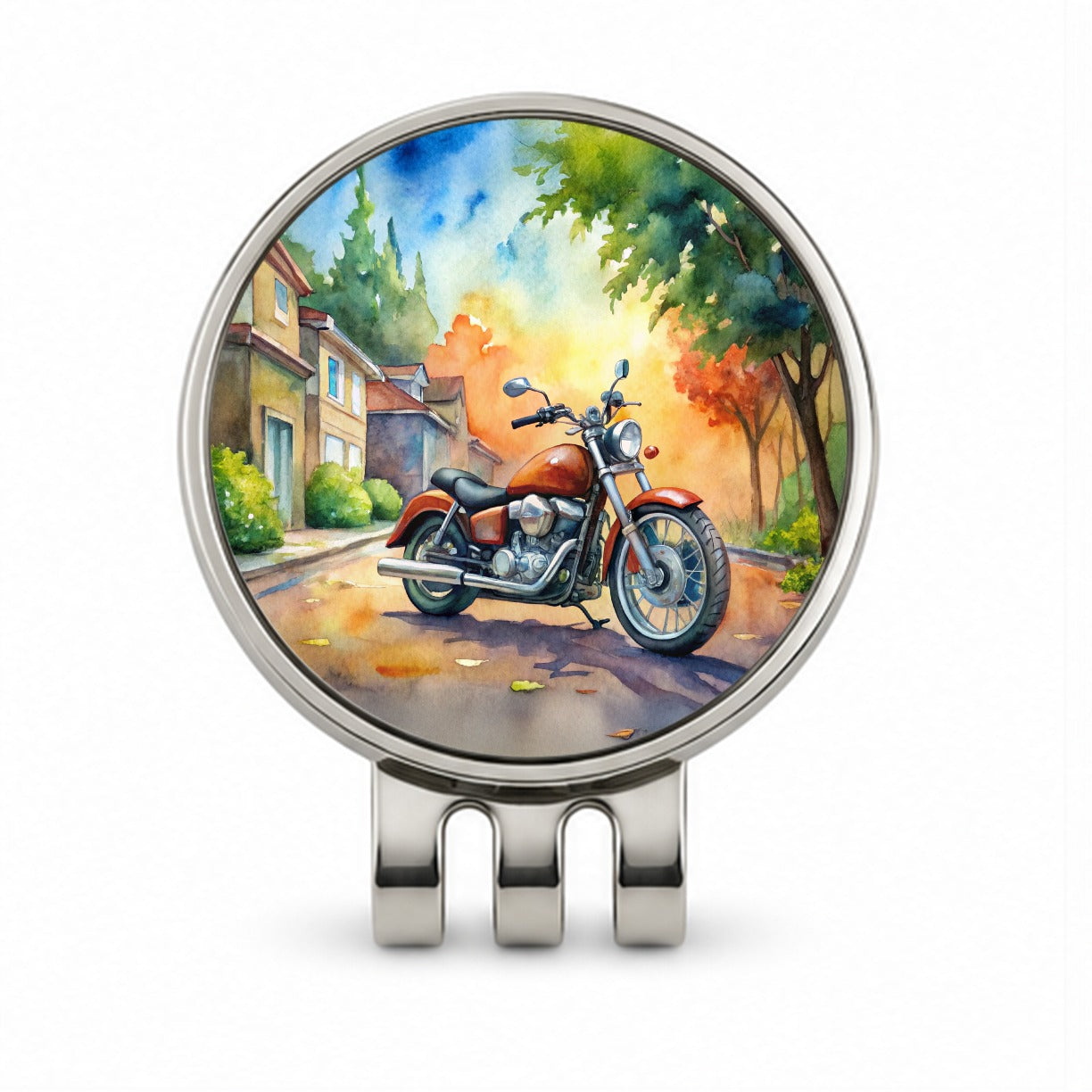 Motorcycle Watercolor Scene Golf Hat Clip with Ball Marker