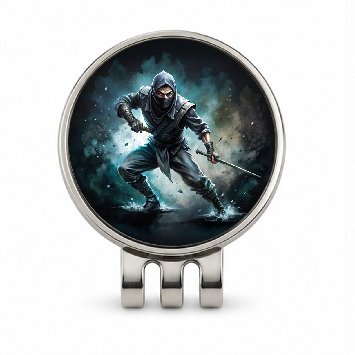 Ninja with Katana Sword Black Watercolor Golf Hat Clip with Ball Marker
