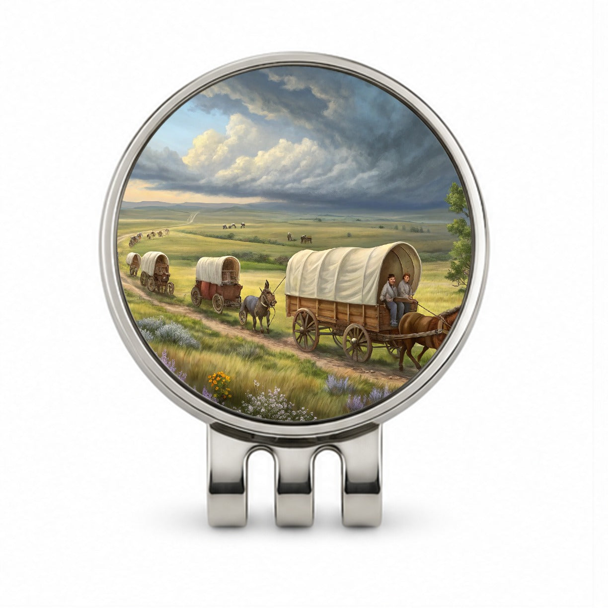 Old West Covered Wagons Crossing The Prairie Western Golf Hat Clip with Ball Marker