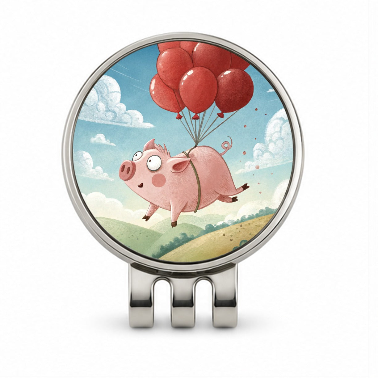 Pig Floating Through Sky Hanging From Red Balloons Golf Hat Clip with Ball Marker